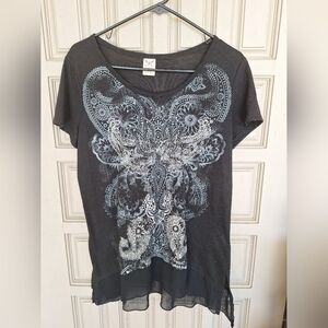 VTG Faded Glory Tee SzL Blck Abstract Shiny Print Cap Sleeves Crepe Hem